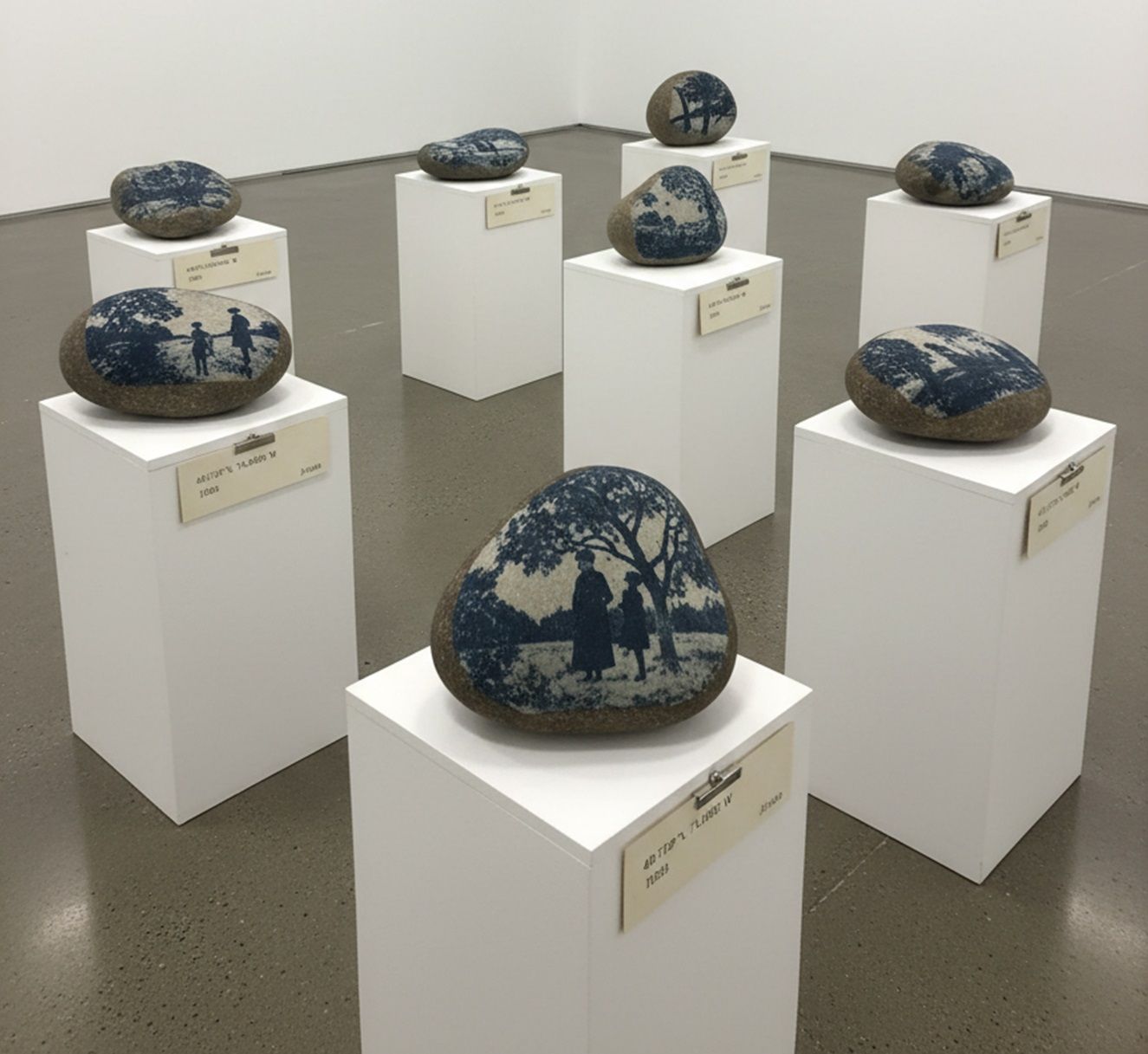 Geological Seconds, digital visualisation of the project — stones on pedestals